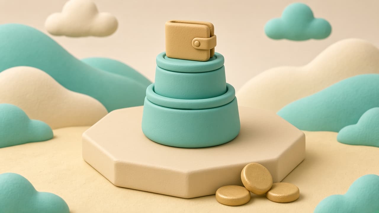 Clay illustration of layered cash reserves: checking wallet slice, HYSA jar, and sinking fund pot stacked by purpose.