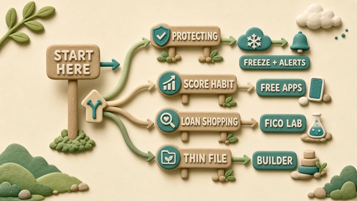 Clay decision-path illustration with forks for freeze protection, free score habits, loan-prep FICO lab, and credit building.