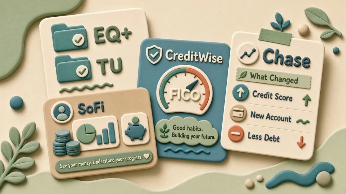Clay collage of free credit habit tools representing dual-bureau Vantage, FICO, money dashboard, and Experian change explainer apps.
