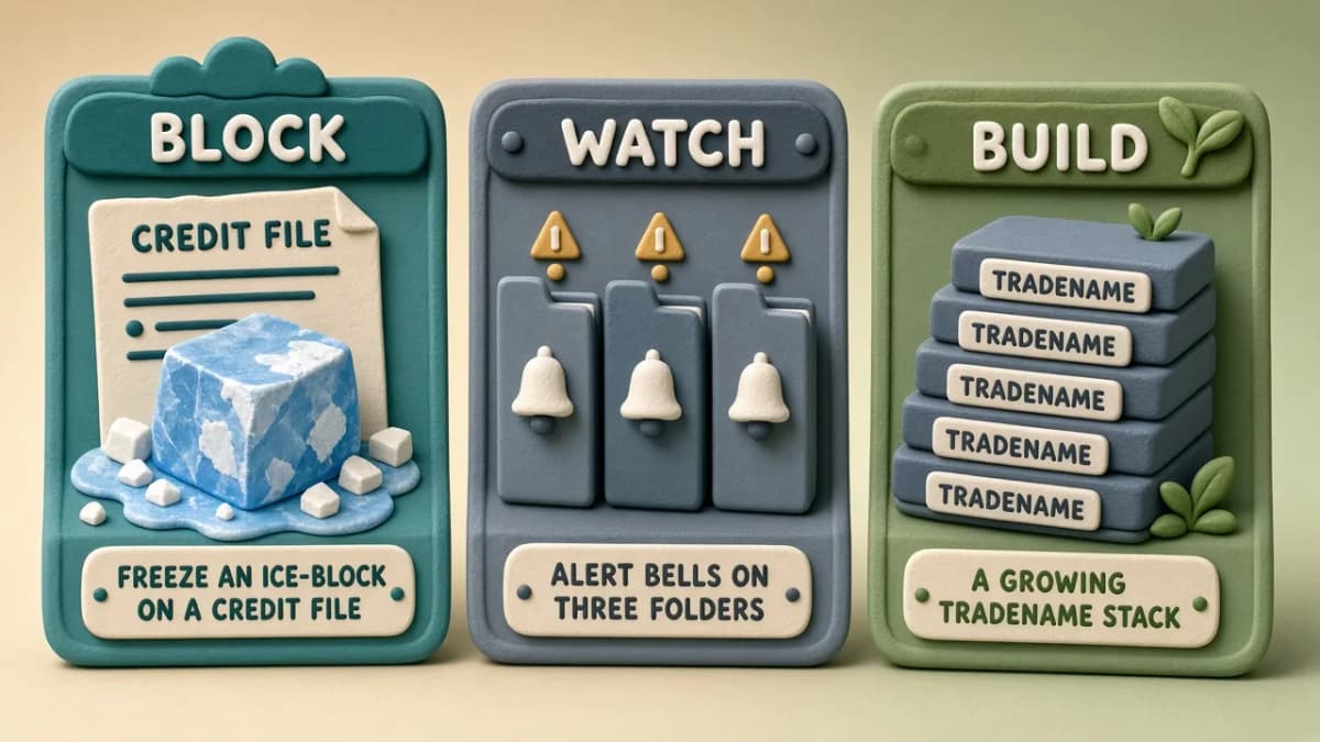 Clay illustration of three jobs: freeze to block new credit, monitor to watch for alerts, and build to add tradelines.