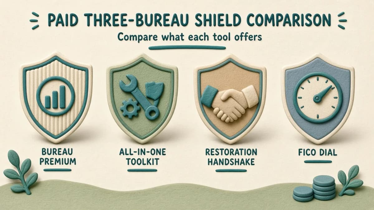 Clay illustration of four paid protection styles: bureau Premium shield, all-in-one toolkit, restoration specialist, and FICO score laboratory.