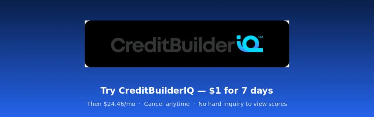 CreditBuilderIQ call-to-action banner with official logo and $1 for 7 days offer