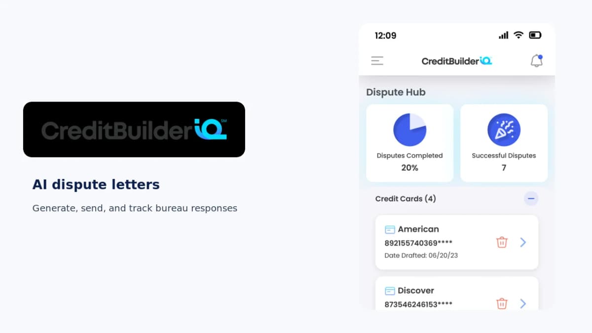 CreditBuilderIQ Dispute Hub mobile UI with official brand logo