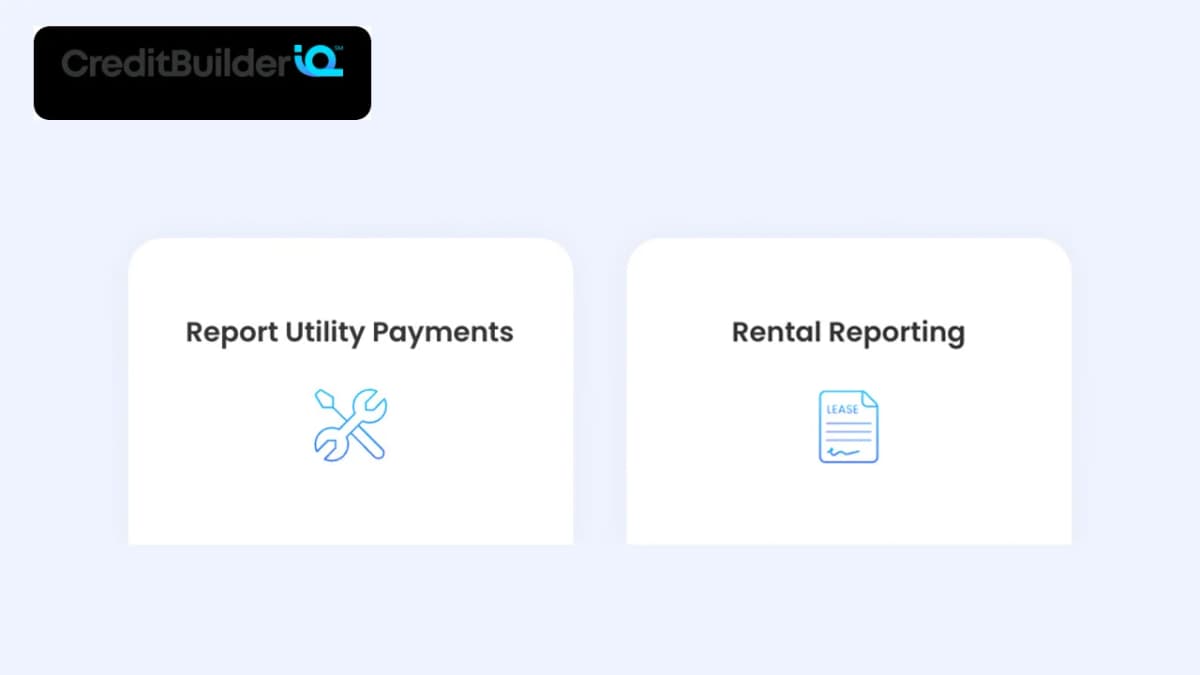 CreditBuilderIQ rent and utility payment reporting feature graphic with brand logo