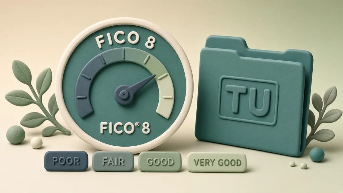 Clay illustration of a FICO 8 score gauge beside a TransUnion credit-file folder.