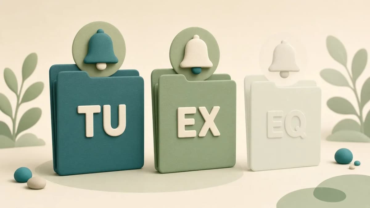 Clay illustration of solid TU and EX credit folders with alert bells, beside a faint Equifax folder showing the monitoring gap.