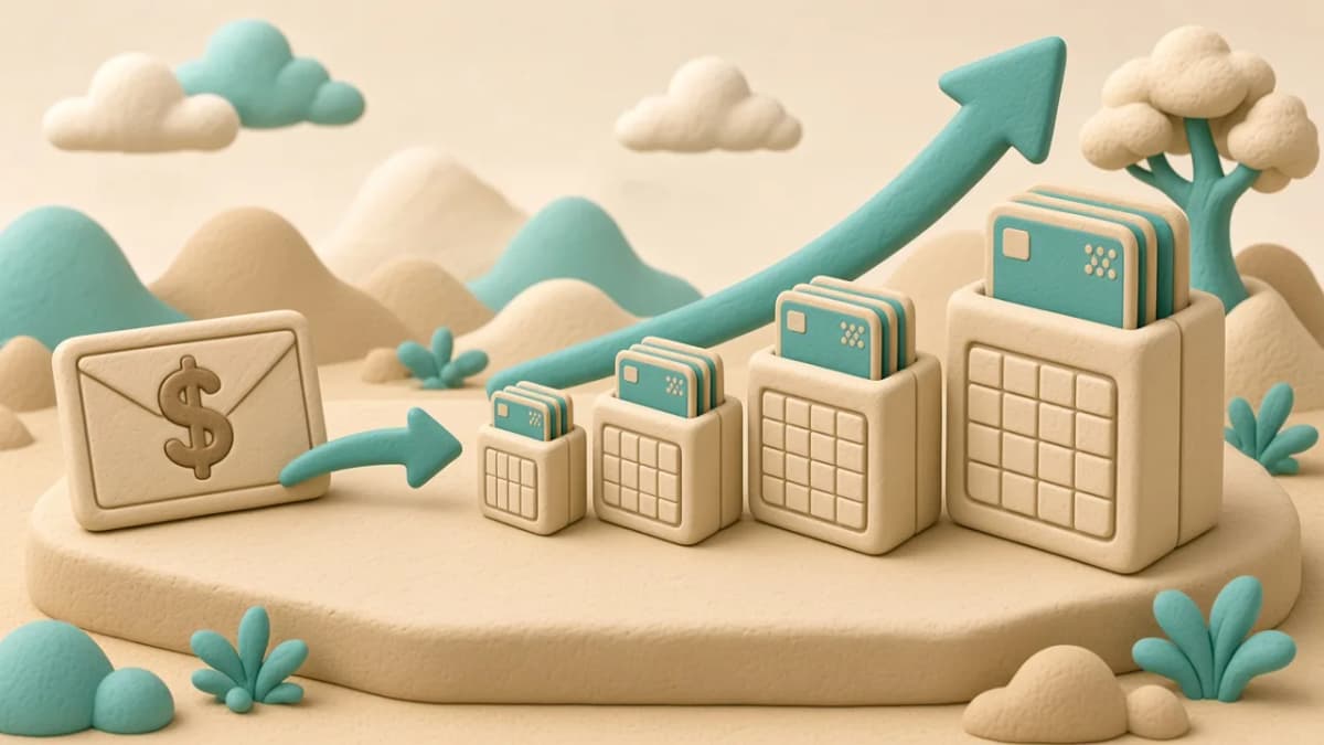 Clay illustration of a monthly timeline with shrinking card stacks and extra payments from a paycheck.