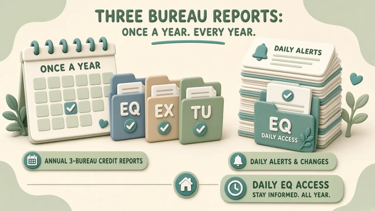 Clay illustration of an annual calendar with three credit folders versus daily Equifax-only access and alert bells.