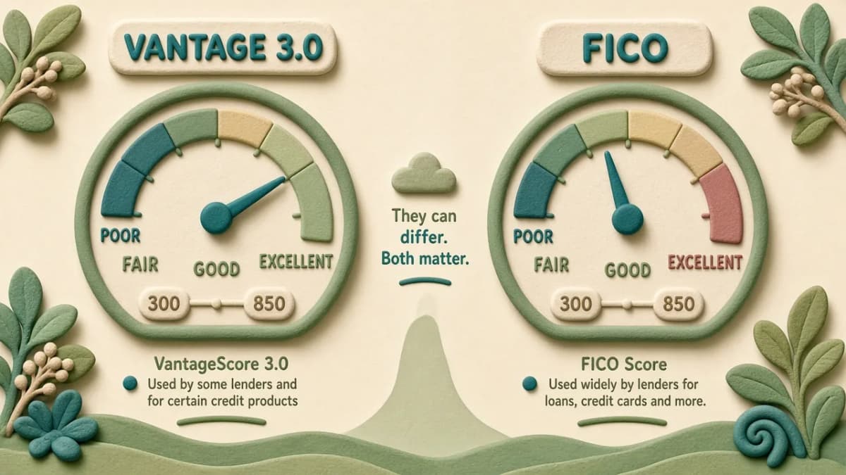 Clay illustration contrasting a VantageScore 3.0 gauge with a FICO gauge, showing the two models can differ.