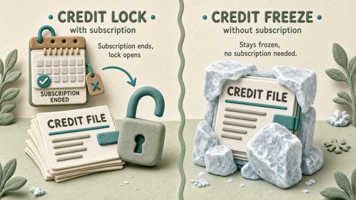 Clay split scene of a paid CreditLock that opens when a subscription ends versus a free credit freeze that stays frozen.