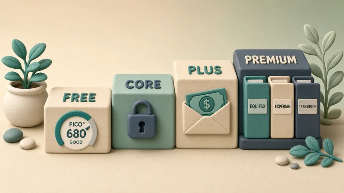 Clay illustration of four ascending membership steps labeled Free, Core, Plus, and Premium with score, lock, cash, and three-bureau icons.