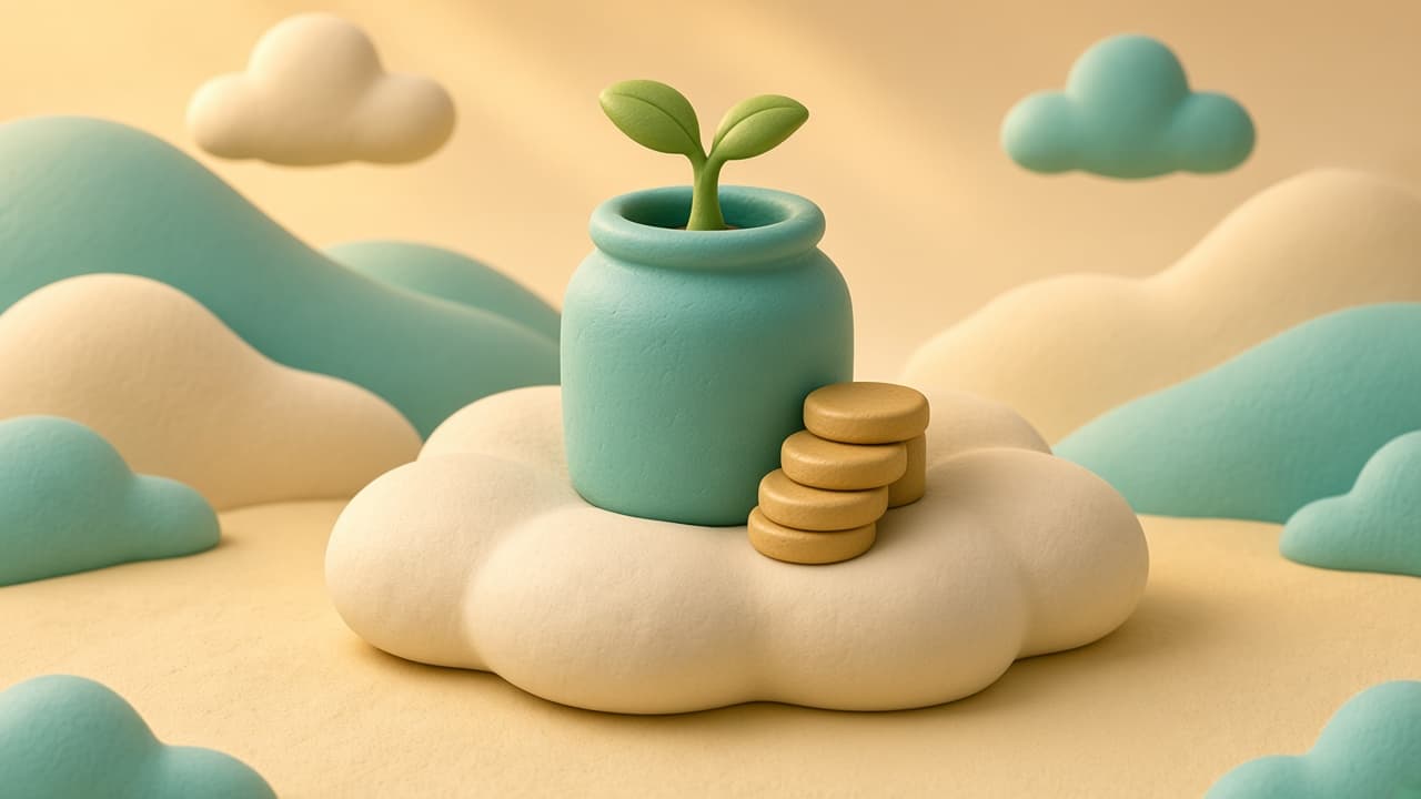 Clay illustration of a teal jar with a small plant sprout and a stack of coin discs on sand.