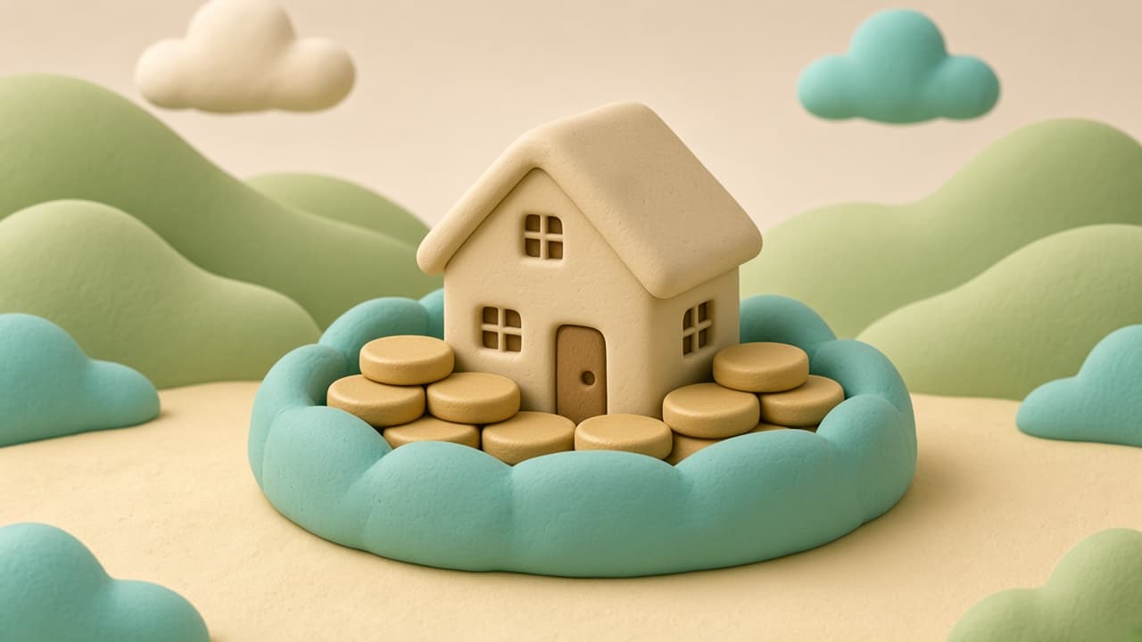 Clay illustration of a small house and coin discs inside a low teal wall on sand.