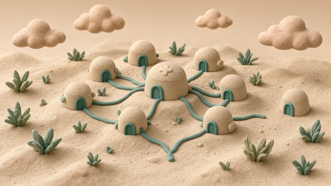 Clay illustration of several small clinic buildings connected in a cluster, with one building sitting slightly apart from the network.