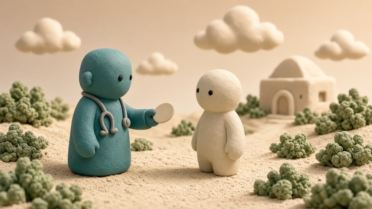 Clay illustration of a doctor figure handing a blank token toward a second clinic in the distance, suggesting a referral to see another provider.