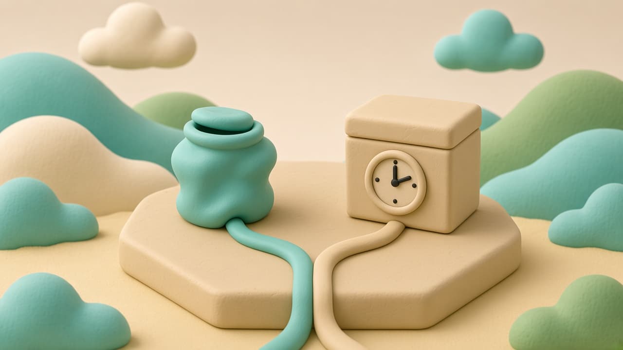 Clay illustration of a fork in the path leading to a flexible jar on one side and a sealed timed box on the other.