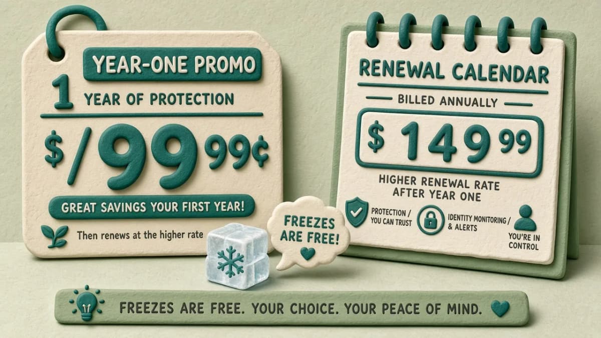 Clay illustration of a year-one promo price tag versus a renewal calendar, with a free credit-freeze reminder.