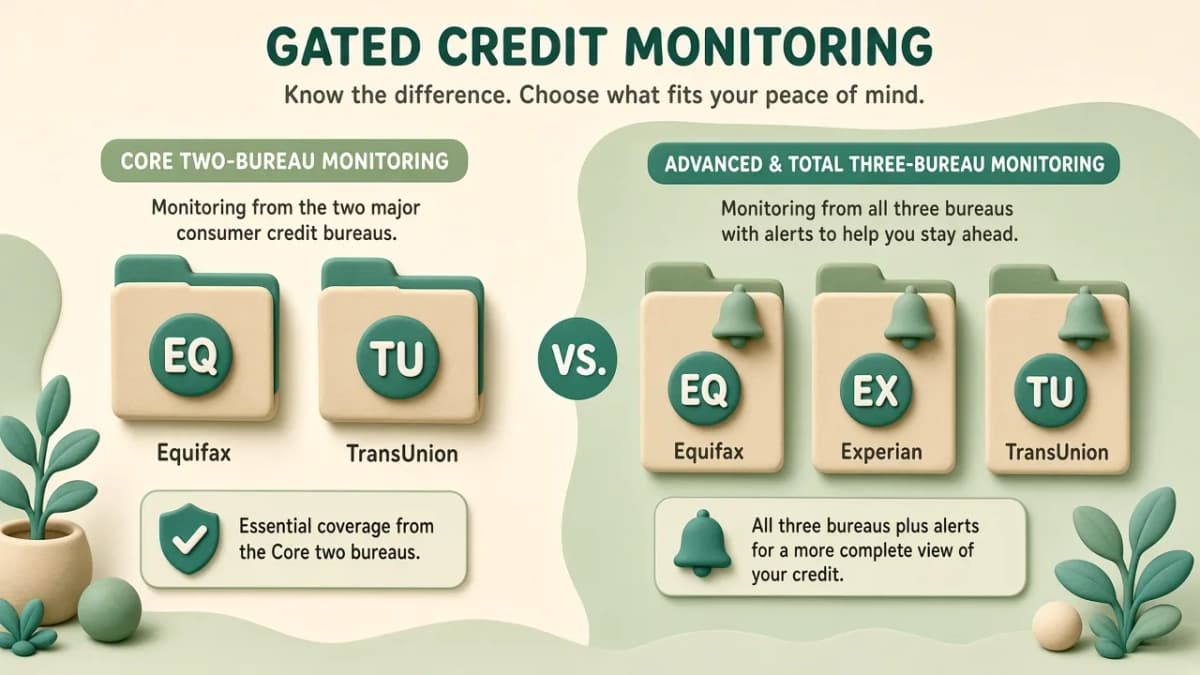 Clay split scene of two credit folders for LifeLock Core versus three folders for Advanced and Total three-bureau monitoring.