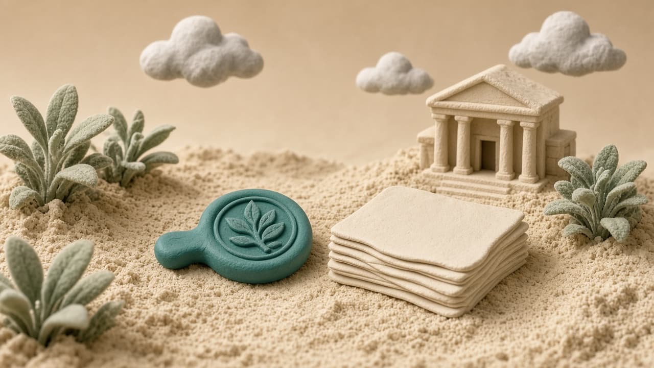 Clay illustration of a stamp next to a stack of blank pages and a small building, suggesting state paperwork to form a company.