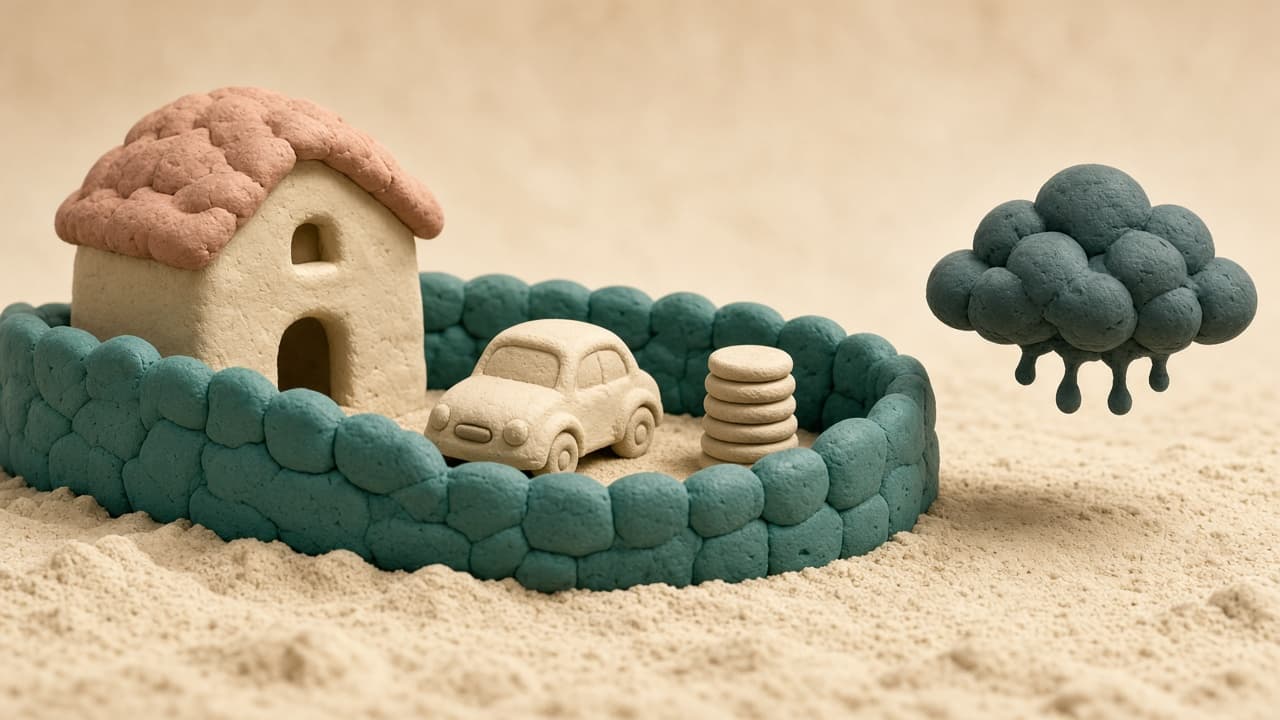 Clay illustration of a house, car, and coins behind a low wall, with a storm cloud remaining outside the wall.