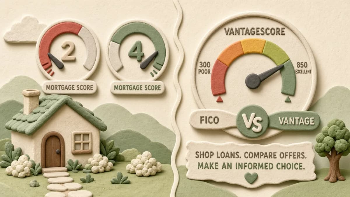 Clay illustration contrasting mortgage FICO score gauges with a generic VantageScore dial, showing why loan shoppers need the right model.