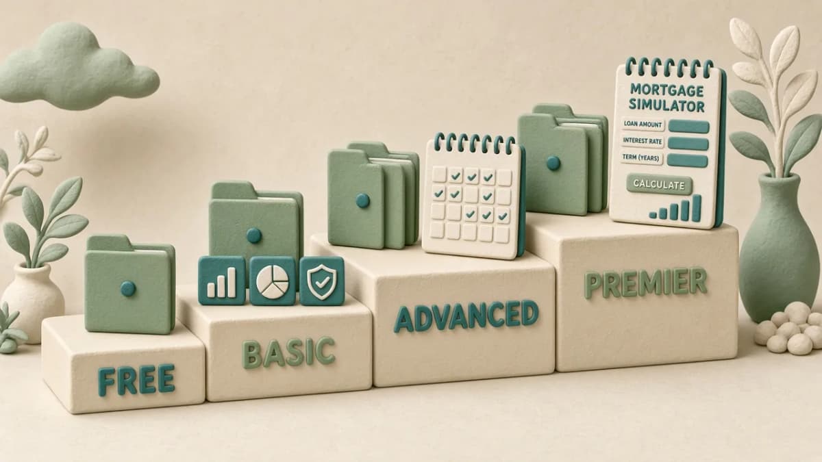 Clay illustration of four ascending myFICO steps labeled Free, Basic, Advanced, and Premier.