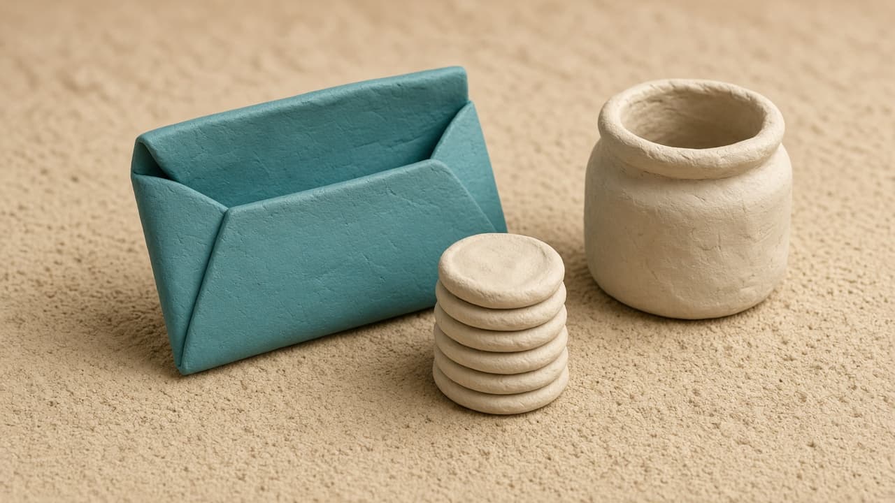 Clay illustration of a paycheck envelope with coins already set aside next to a jar a person has to fill themselves.