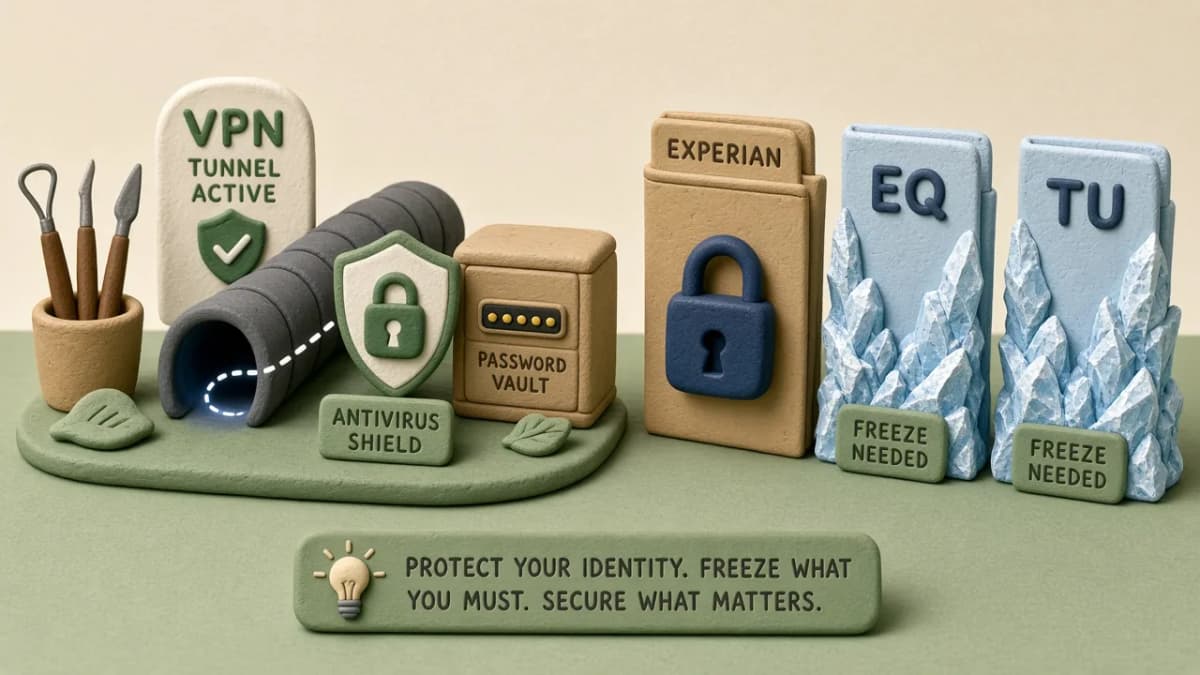 Clay split scene of a VPN antivirus password toolkit versus an Experian-only lock with separate freezes needed for Equifax and TransUnion.