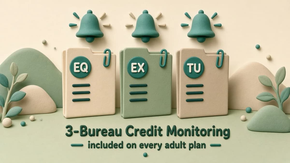 Clay illustration of three credit-file folders labeled EQ, EX, and TU with alert bells, showing three-bureau monitoring on Aura adult plans.