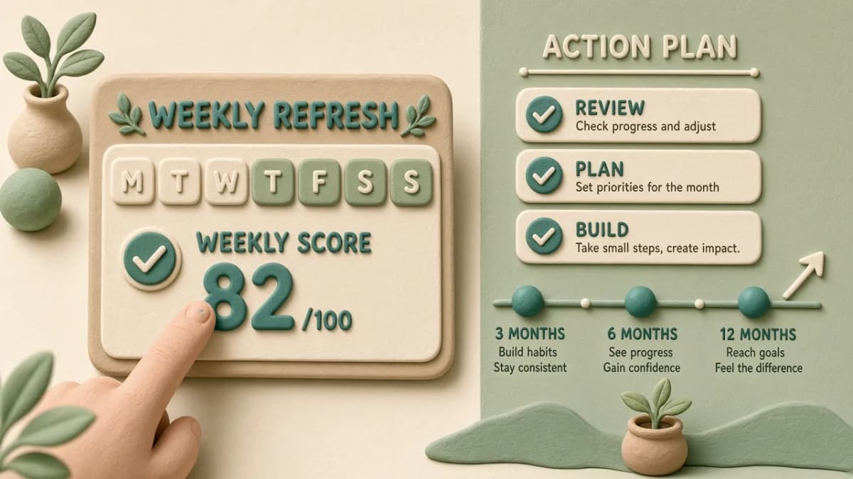 Clay split scene of a weekly score refresh calendar versus a three-to-twelve-month action-plan checklist.