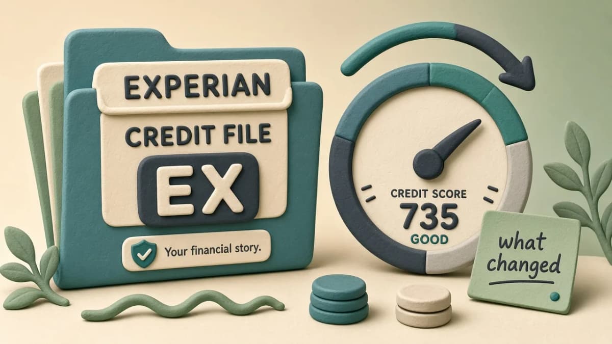 Clay illustration of an Experian credit folder beside a score dial and a sticky note labeled what changed.