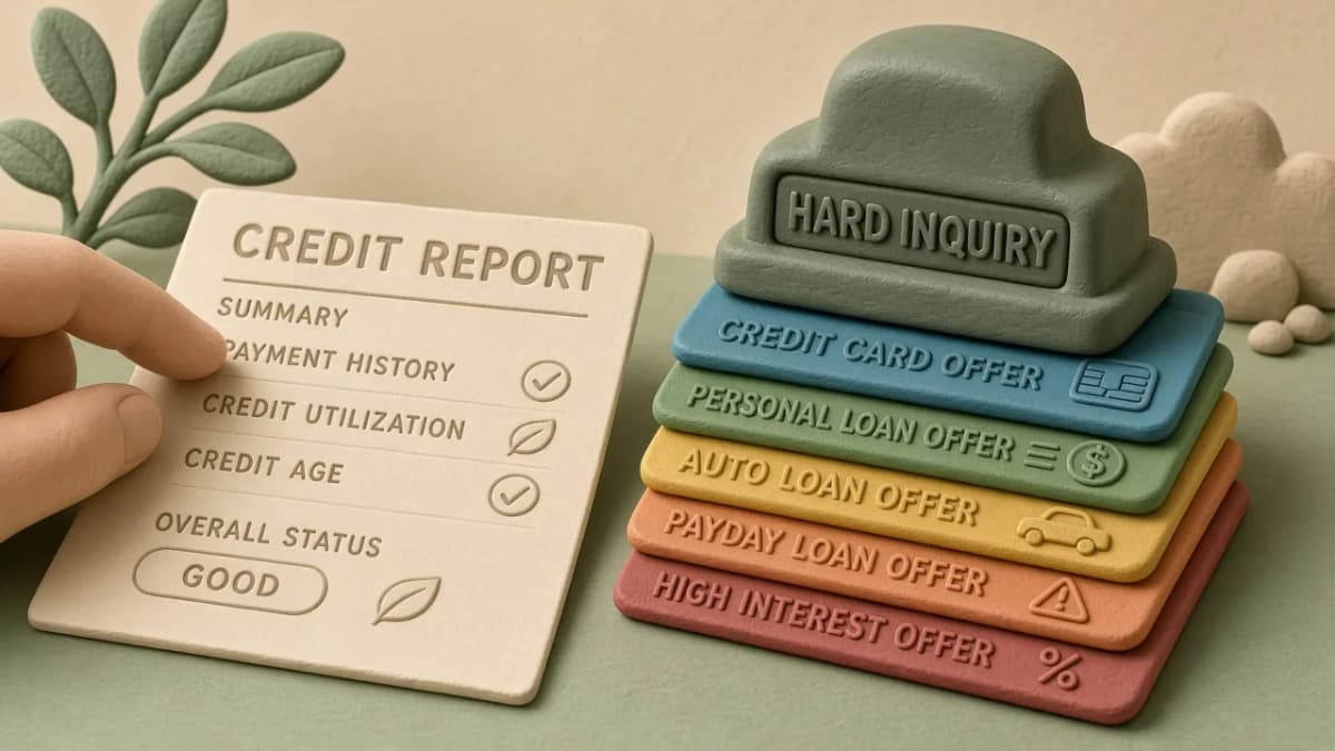 Clay split scene: a soft fingertip checking a credit report versus stamped credit-card and loan offer tiles representing hard-pull applications.