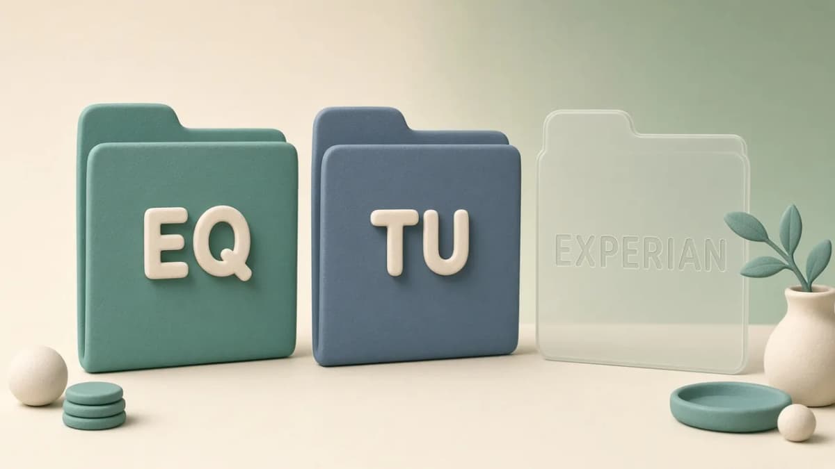 Clay illustration of two solid credit-file folders labeled EQ and TU beside a faint ghosted Experian folder, showing Credit Karma’s two-bureau coverage gap.