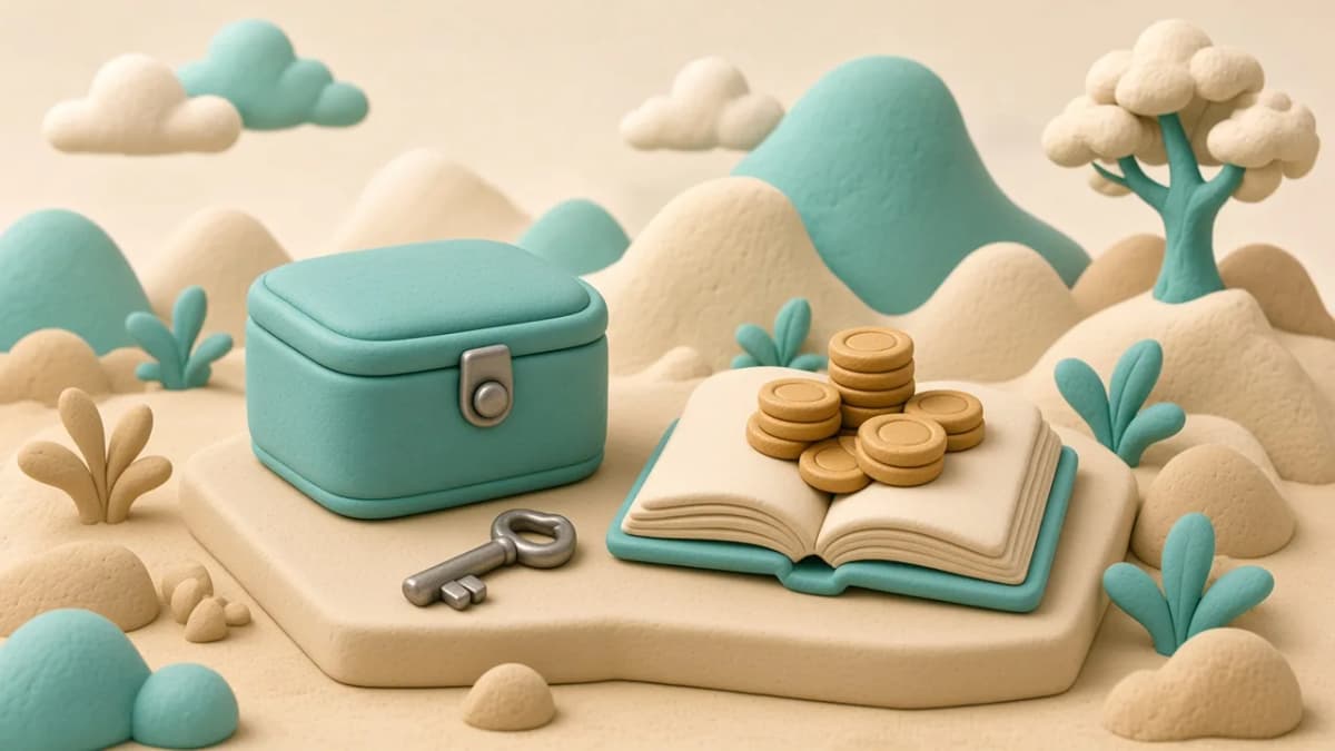 Clay illustration of a closed box with a key beside an open book and coin stacks, symbolizing quiet personal finance habits kept private.