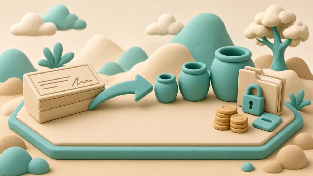 Clay illustration of paycheck flowing to savings jars, a credit file with a padlock, and low-fee coin stacks representing quiet money systems.