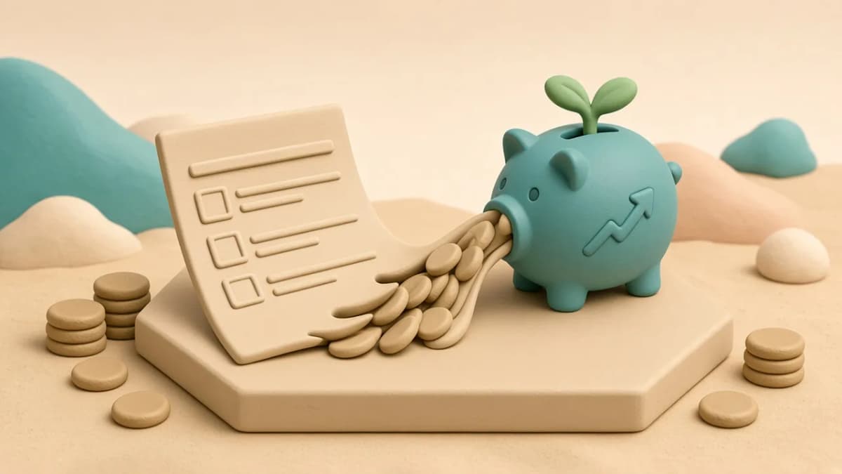 Clay illustration of a tax form concept transforming into coins deposited into a retirement savings jar.