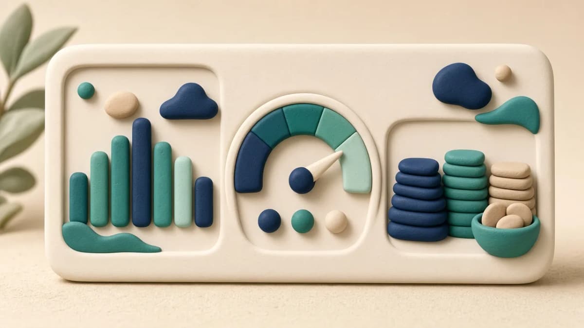 Clay illustration of a finance dashboard with tiles for spending, credit score, and debt in one composition.