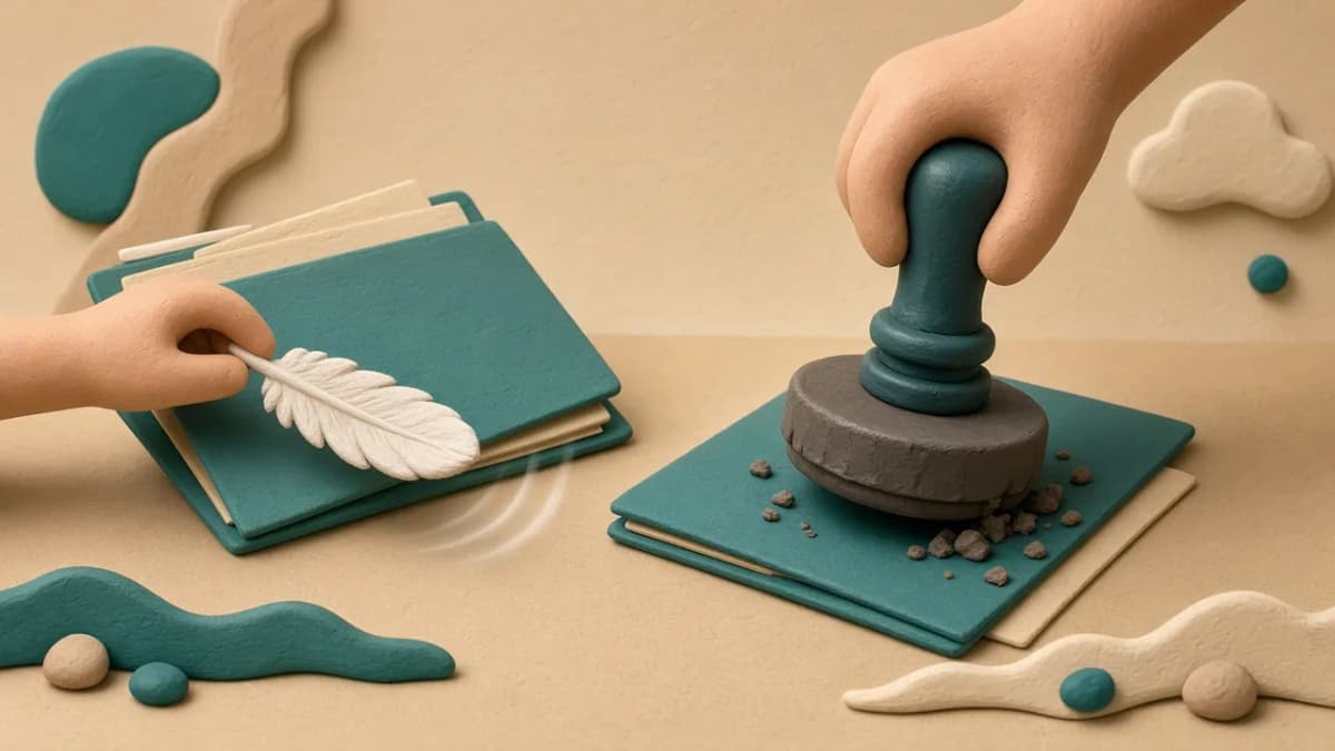 Clay illustration contrasting a light touch on a credit file with a heavy stamp, representing soft credit pulls versus hard inquiries.