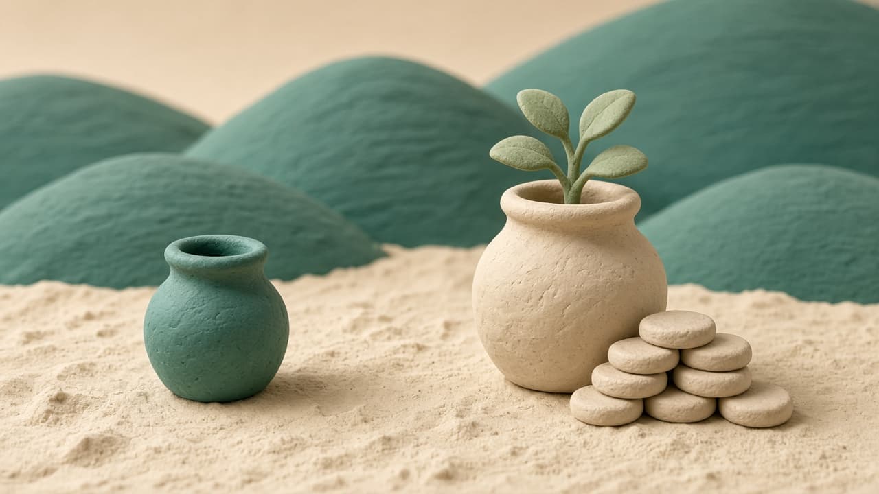 Clay illustration of a small simple jar next to a larger jar with a sprout and coin discs, suggesting term coverage versus a permanent policy that holds cash value.