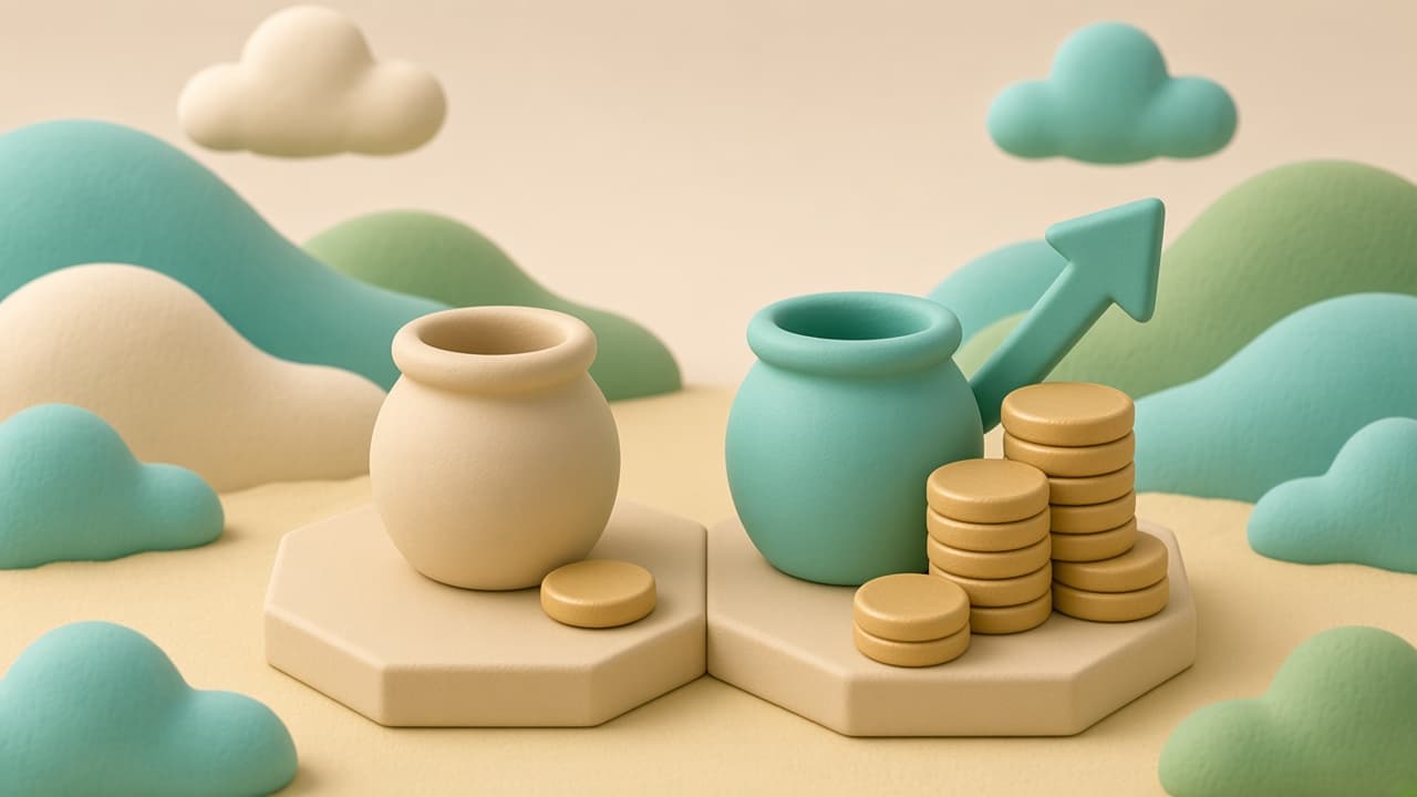 Clay illustration of two jars, one with a single coin and one with many coins and growth, comparing low-yield and high-yield savings.