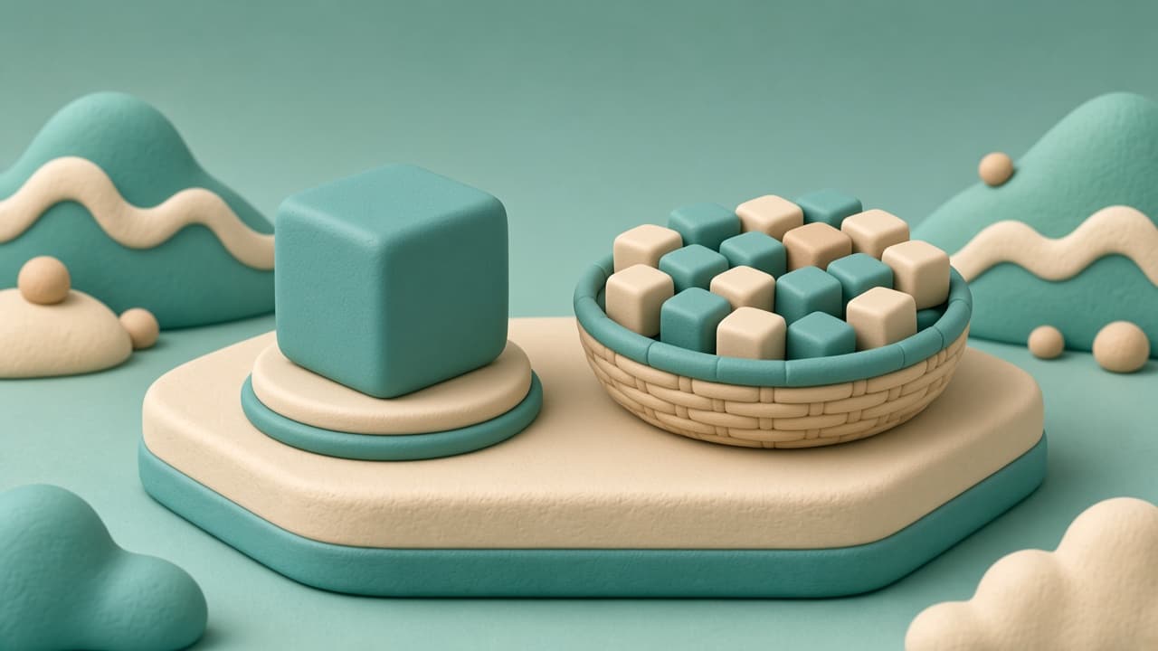 Clay illustration comparing one large block versus many small blocks grouped together, symbolizing single-stock risk versus diversified index exposure.