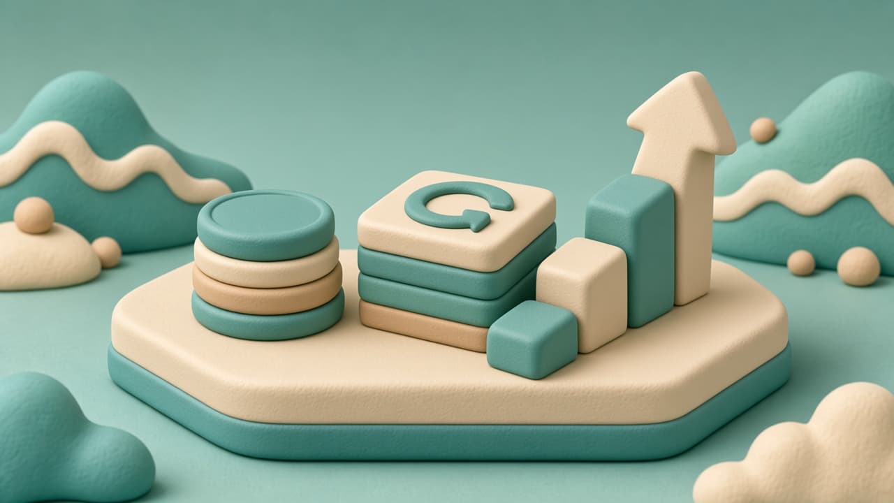 Clay illustration of coin discs, a calendar block, and upward steps symbolizing automatic contributions and long-term growth.